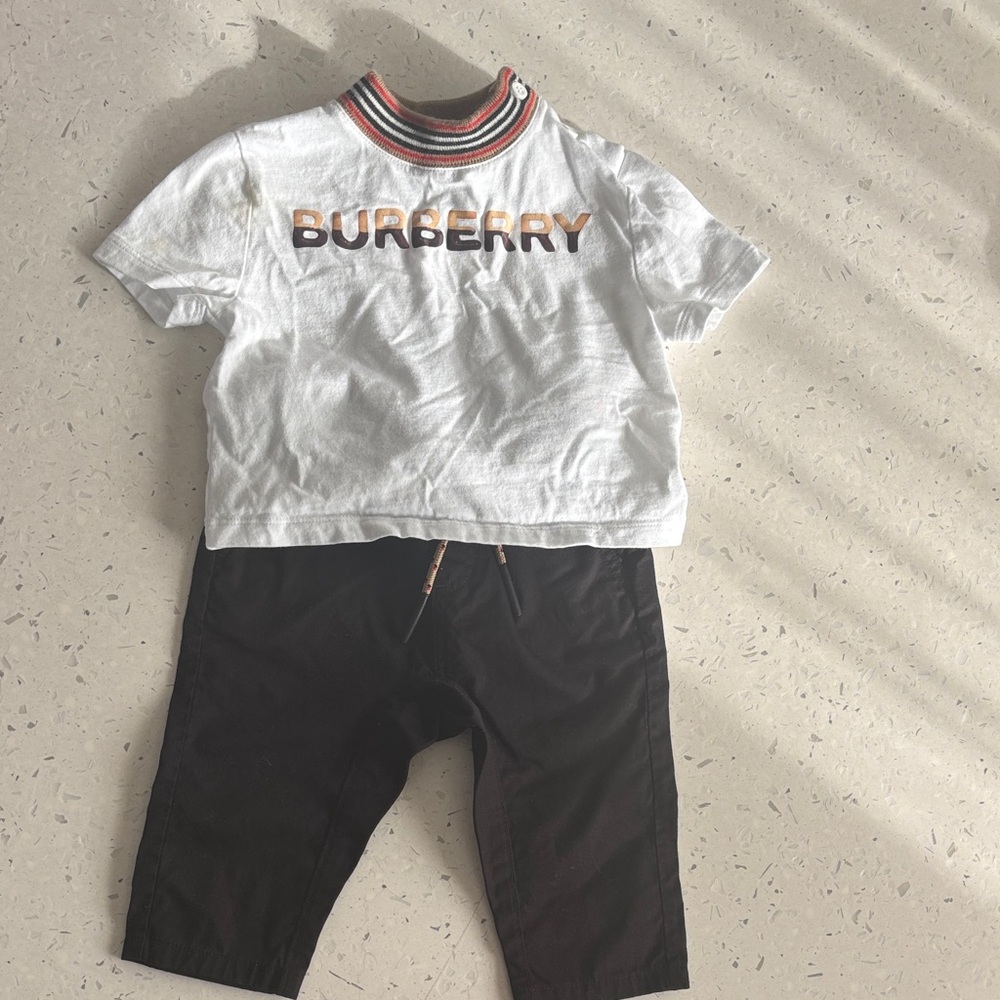 Burberry Kids White Logo Tee & Black Pants Matching Set